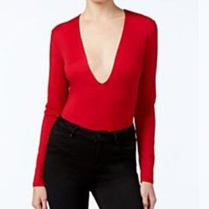 Guess Long Sleeve Devri Deep V Bodysuit Red